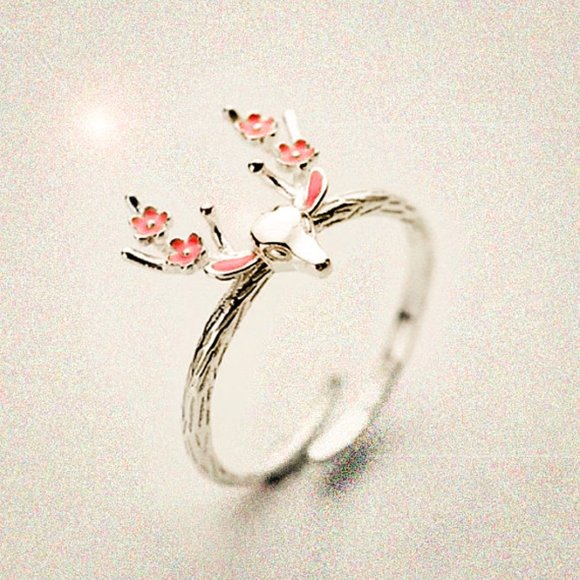 Christmas Deer Ring Adjustable Sterling Silver Animal Ring Pink Flower Ring her - Picture 2 of 6